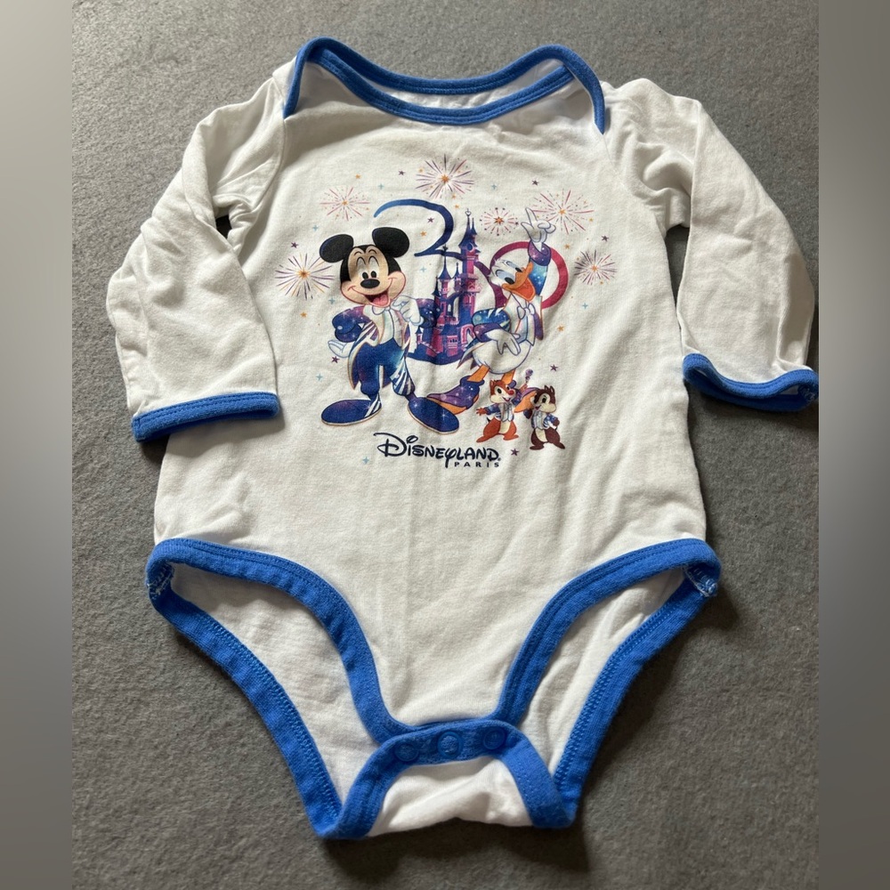 Disneyland Paris Long Sleeve Bodysuit 12 month White Blue Mickey Donald Chipmunk
